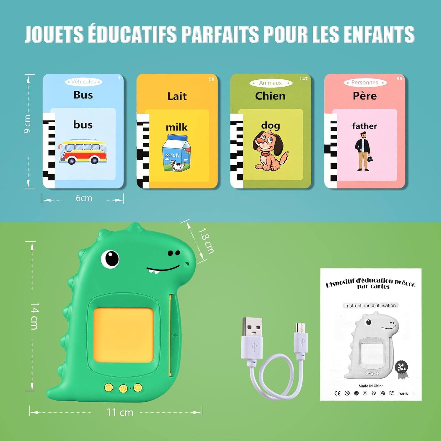 Cartes Flash Parlantes Cartes Éducatives Pour Enfants Talking Flash Cards 112 Feuilles 224 Mots De 3+ Ans Montessori Jouets Éducatifs Pour Enfants Cadeaux D'Anniversaire Pour Enfants (Vert Français)