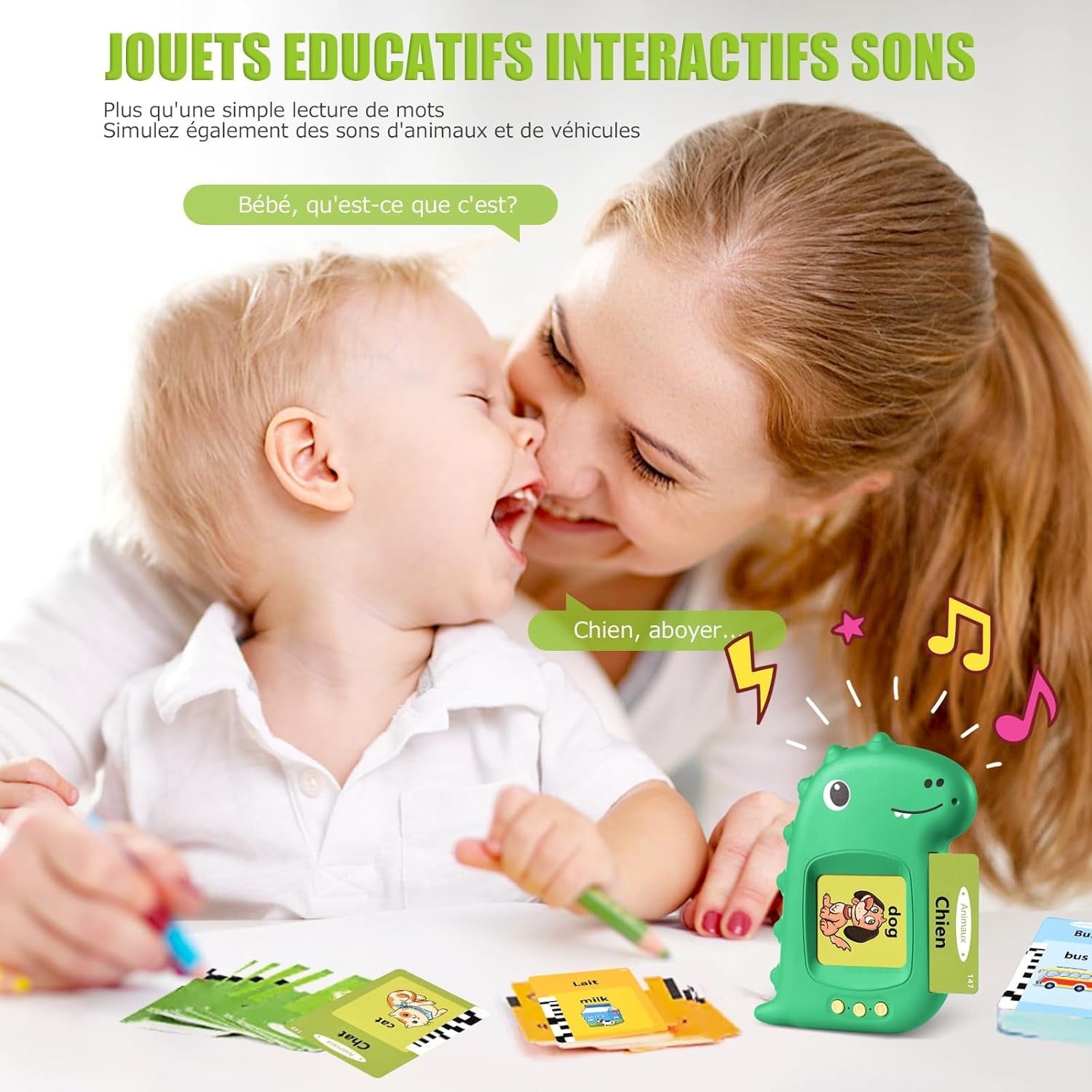 Cartes Flash Parlantes Cartes Éducatives Pour Enfants Talking Flash Cards 112 Feuilles 224 Mots De 3+ Ans Montessori Jouets Éducatifs Pour Enfants Cadeaux D'Anniversaire Pour Enfants (Vert Français)